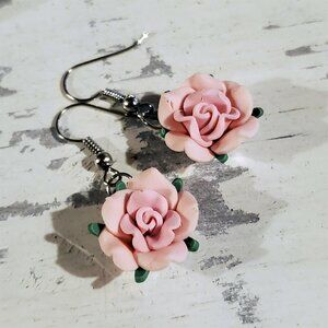 Handcrafted Fimo Polymer Clay Pink Rose Flower Bead Dangle Earrings